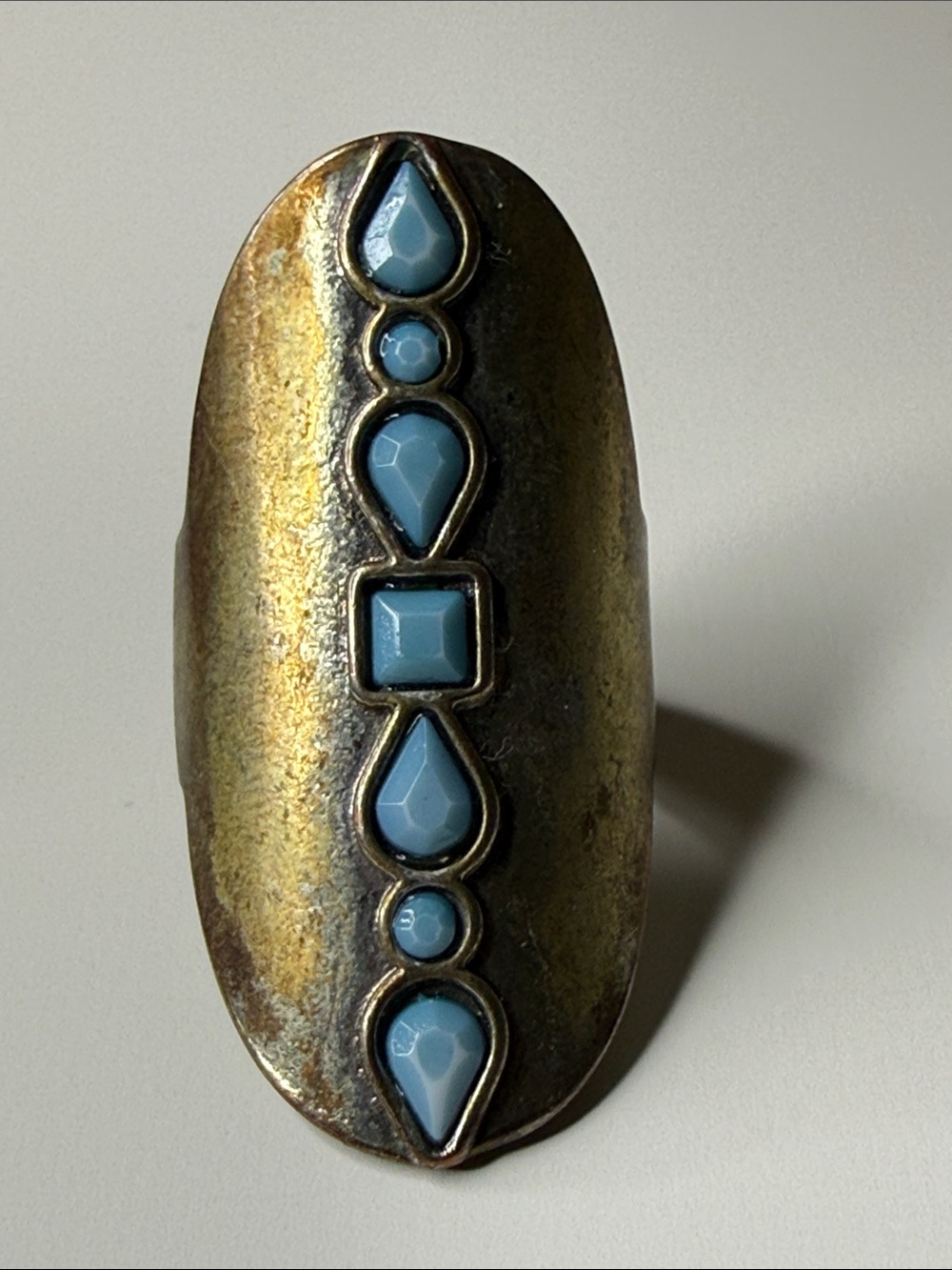 Boho Long Oval Statement Ring with Blue Cabochons distressed 90’s unmarked